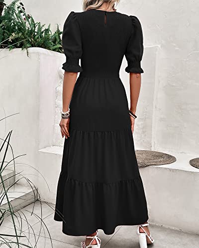 BTFBM Women Casual Summer Dresses 2025 Spring Crew Neck Ruffle Short Sleeve Floral Print Smocked Boho Flowy Maxi Dress(Solid Black, Small) - Image 4