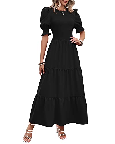 BTFBM Women Casual Summer Dresses 2025 Spring Crew Neck Ruffle Short Sleeve Floral Print Smocked Boho Flowy Maxi Dress(Solid Black, Small) - Image 5