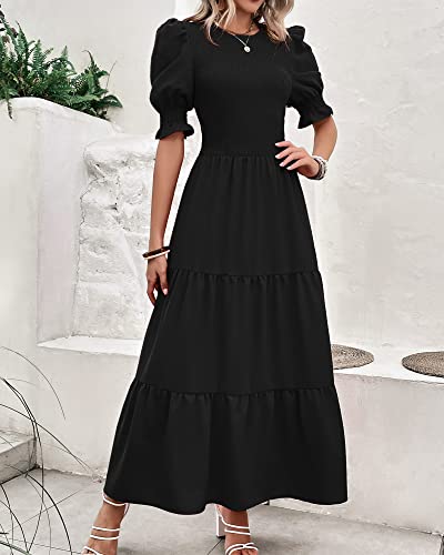 BTFBM Women Casual Summer Dresses 2025 Spring Crew Neck Ruffle Short Sleeve Floral Print Smocked Boho Flowy Maxi Dress(Solid Black, Small) - Image 2