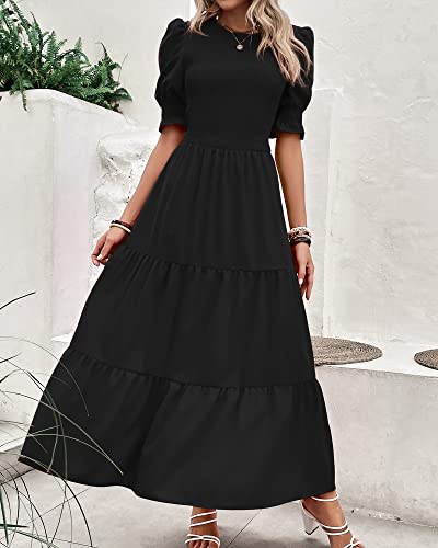 BTFBM Women Casual Summer Dresses 2025 Spring Crew Neck Ruffle Short Sleeve Floral Print Smocked Boho Flowy Maxi Dress(Solid Black, Small) - Image 3