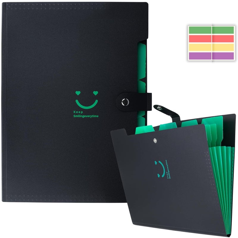 sps 5 Pocket Expanding File Folder Smile Design - Fits A4 & Letter Size Document Organizer, Accordion File Folders, File Holder for Office, School & Home Use - Green - Image 1