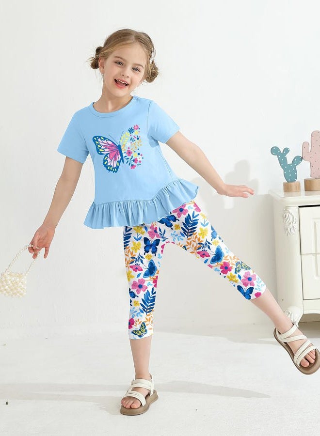 CARETOO Girl Summer Outfit 2pcs Girls Clothing Set Ruffle Hem Short Sleeve Top and Floral Print Pant 2-7 Years, Blue, 4-5 years - Image 2