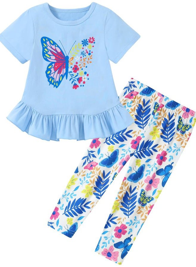 CARETOO Girl Summer Outfit 2pcs Girls Clothing Set Ruffle Hem Short Sleeve Top and Floral Print Pant 2-7 Years, Blue, 4-5 years - Image 1