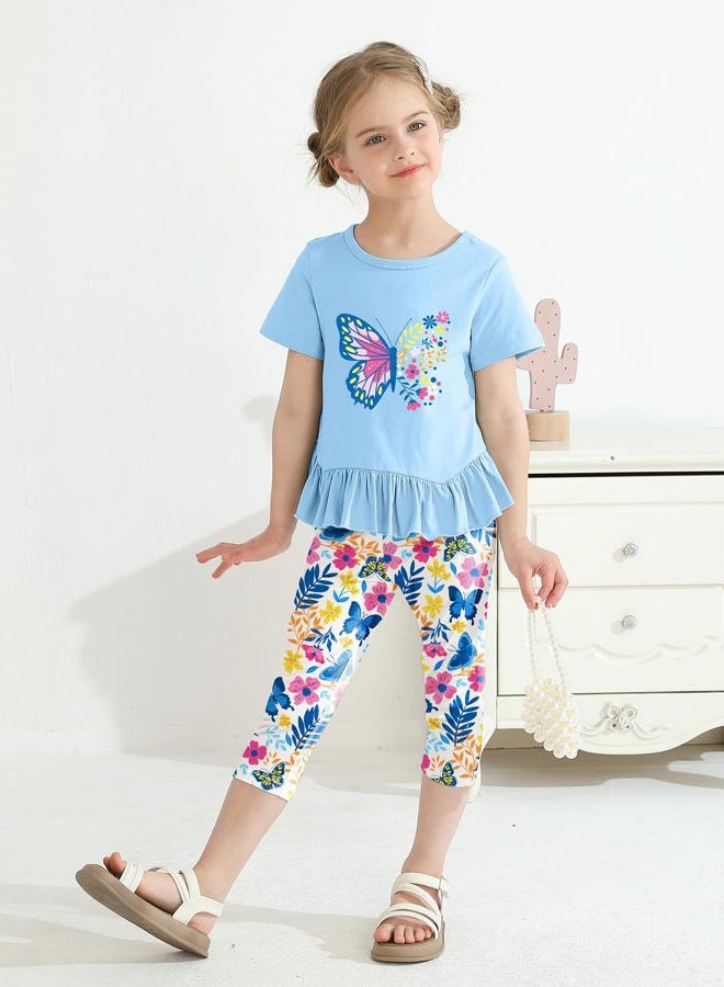 CARETOO Girl Summer Outfit 2pcs Girls Clothing Set Ruffle Hem Short Sleeve Top and Floral Print Pant 2-7 Years, Blue, 4-5 years - Image 4