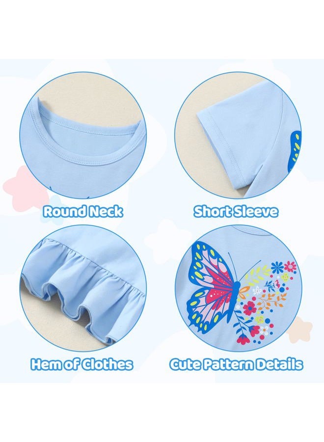 CARETOO Girl Summer Outfit 2pcs Girls Clothing Set Ruffle Hem Short Sleeve Top and Floral Print Pant 2-7 Years, Blue, 4-5 years - Image 5