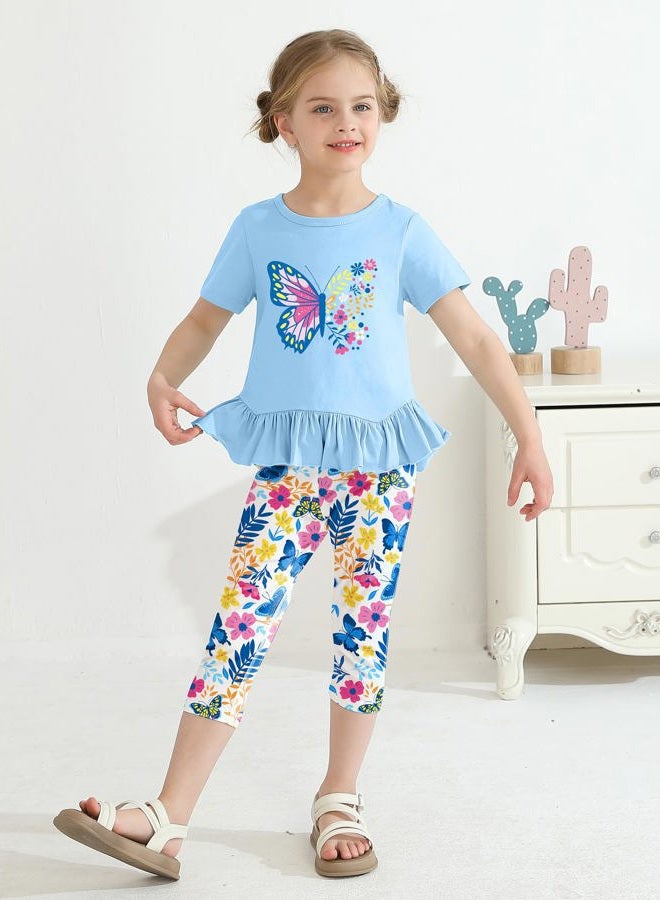 CARETOO Girl Summer Outfit 2pcs Girls Clothing Set Ruffle Hem Short Sleeve Top and Floral Print Pant 2-7 Years, Blue, 4-5 years - Image 3