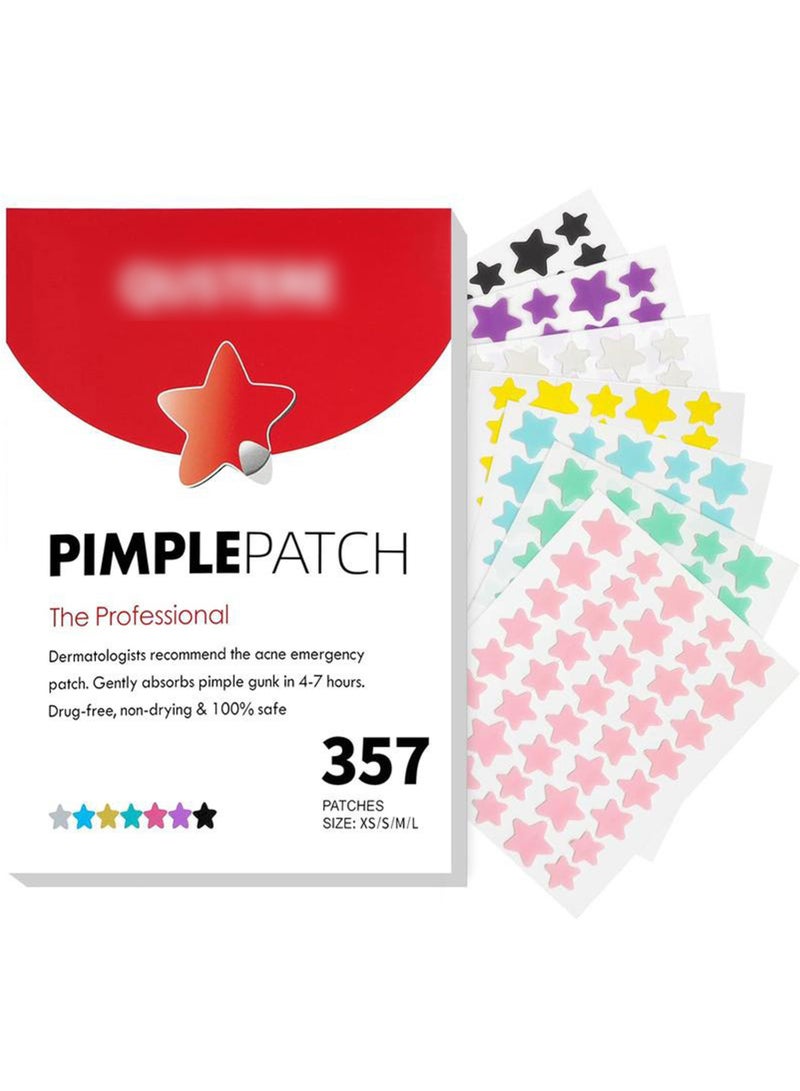 357 Piece Facial Acne Patches, Colored Hydrocolloid Pimple Patches, Cute Facial Star Stickers, Tea Tree Acne Patches, Salicylic Acid and Mica Oil | 4 sizes (8mm, 10mm, 12mm, and 14mm) - Image 1