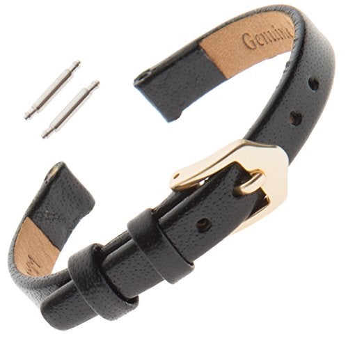 Gilden 6-14mm Narrow Flat Polished Leather Ladies Watch Band F66-0108 (8mm, Standard, Black, Gold-Tone Buckle) - Image 4