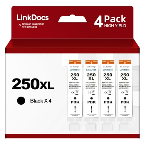 LinkDocs MX922 Ink Cartridges PGI-250XL Replacement for Canon MX922 Printer Ink Cartridges use with PIXMA MX922 MX722 MG5420 MG5520 MG5620 MG6320 MG6420 MG7120 MG7520 iP8720 (4 Large Black 250 XL) - Image 1