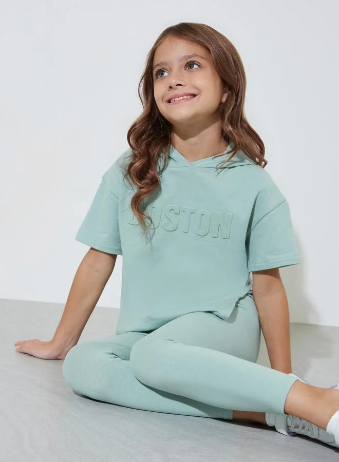Styli Girls Mint Green Embossed Hoodie and leggings Set