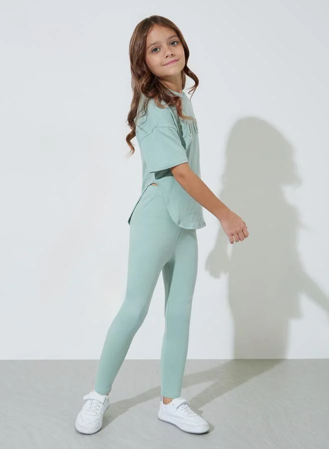 Styli Girls Mint Green Embossed Hoodie and leggings Set