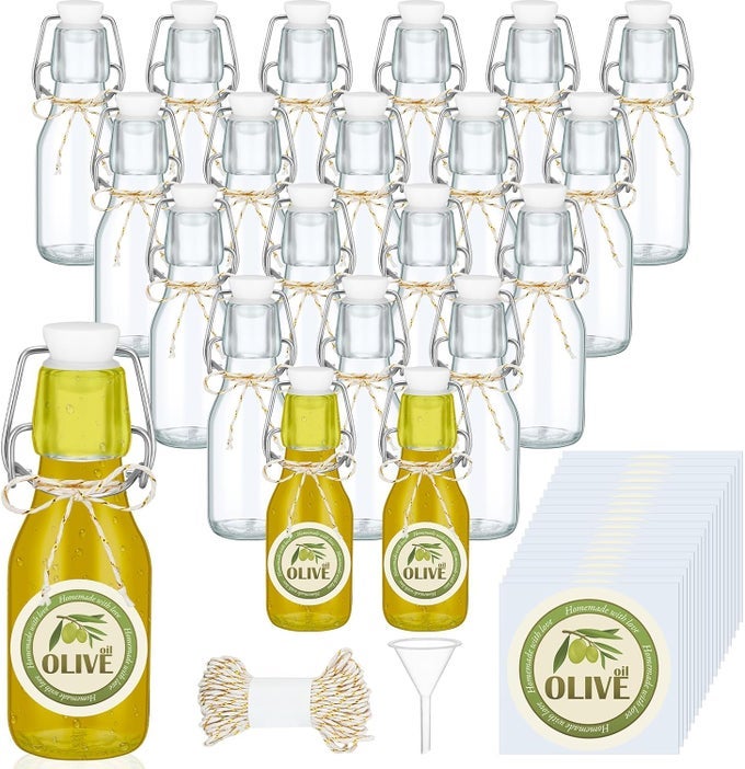 20 PACK 4OZ MINI SWING TOP GLASS BOTTLES FOR VANILLA EXTRACT HOMEMADE OLIVE OIL BOTTLES WITH LIDS AIRTIGHT CAP LIDS LABELS FOR WEDDING BABY SHOWER FAVORS 4OZ