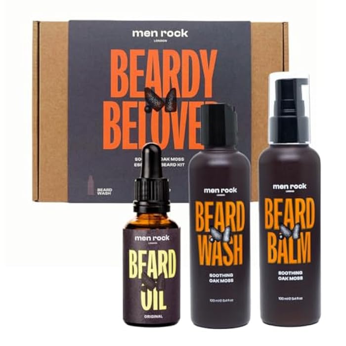 Men Rock Beardy Beloved Soothing Essential Beard Kit - Oak Moss - Beard Oil, Balm and Wash - Mens Face Care - Skincare Products for Men - 3 Pc - Image 1