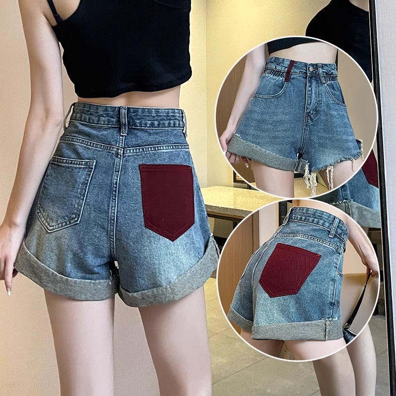 Plus Size Denim Pants Chubby Girl Loose High Waist Slim-Fit A- Line Wide-Leg Pants Color-Contrast Trendy Ins All-Match Woolen Shorts - Image 1