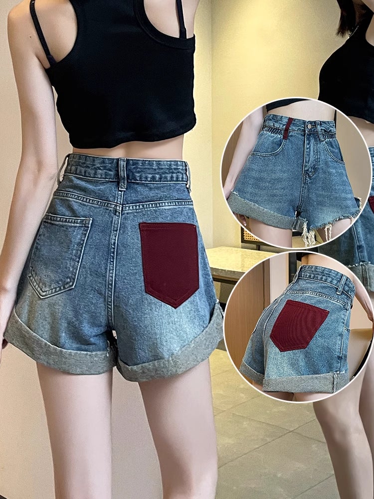Plus Size Denim Pants Chubby Girl Loose High Waist Slim-Fit A- Line Wide-Leg Pants Color-Contrast Trendy Ins All-Match Woolen Shorts - Image 2