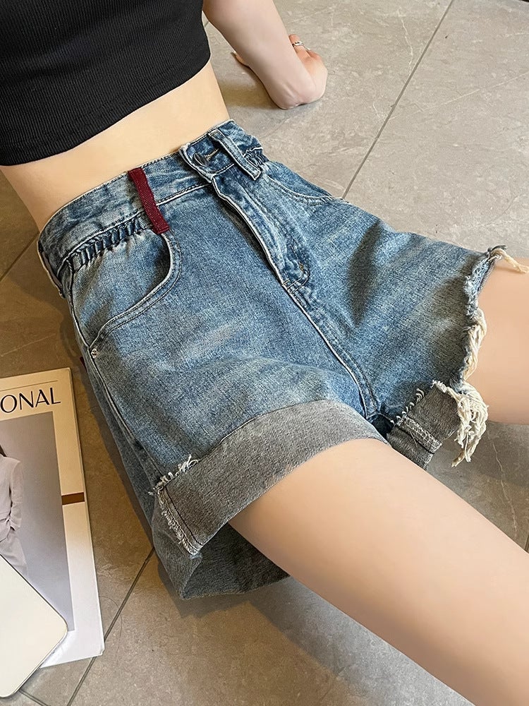 Plus Size Denim Pants Chubby Girl Loose High Waist Slim-Fit A- Line Wide-Leg Pants Color-Contrast Trendy Ins All-Match Woolen Shorts - Image 5