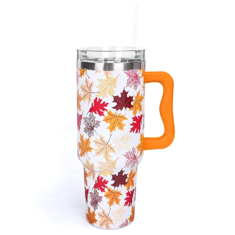 Whaline 40 oz Fall Leaves Tumbler with Handle Straw and Lid Autumn Maple Leaves Travel Tumbler Coffee Mug Cup Water Bottle for Thanksgiving Harvest Party Women Friend Birthday - Image 2