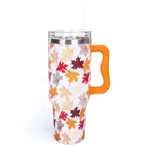 Whaline 40 oz Fall Leaves Tumbler with Handle Straw and Lid Autumn Maple Leaves Travel Tumbler Coffee Mug Cup Water Bottle for Thanksgiving Harvest Party Women Friend Birthday - Image 1
