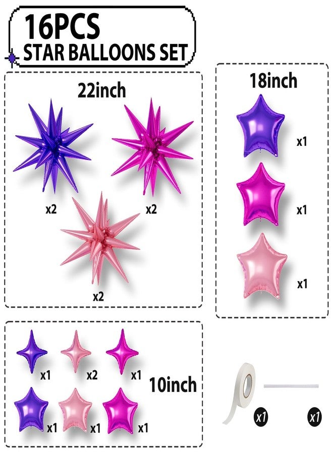 Sowide Hot Pink Purple Star Balloons, 22/18/10 Inch Foil Balloons, Four-Pointed Balloon for Women Girl Princess Birthday Wedding Baby Shower Party Decorations - Image 2