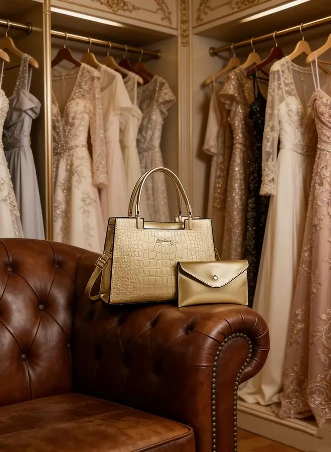 Take Two  Gold Croc-Embossed Handbag with Purse for Women | Best Price UAE