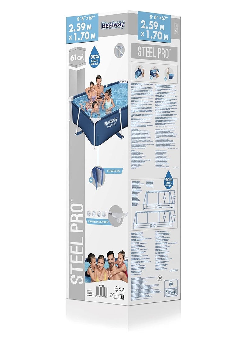 Bestway Bestway Steel Pro Rectangular Family Pool 2.6m x 1.7m x 61cm, 2300L, Steel Frame, Blue  - Image 3