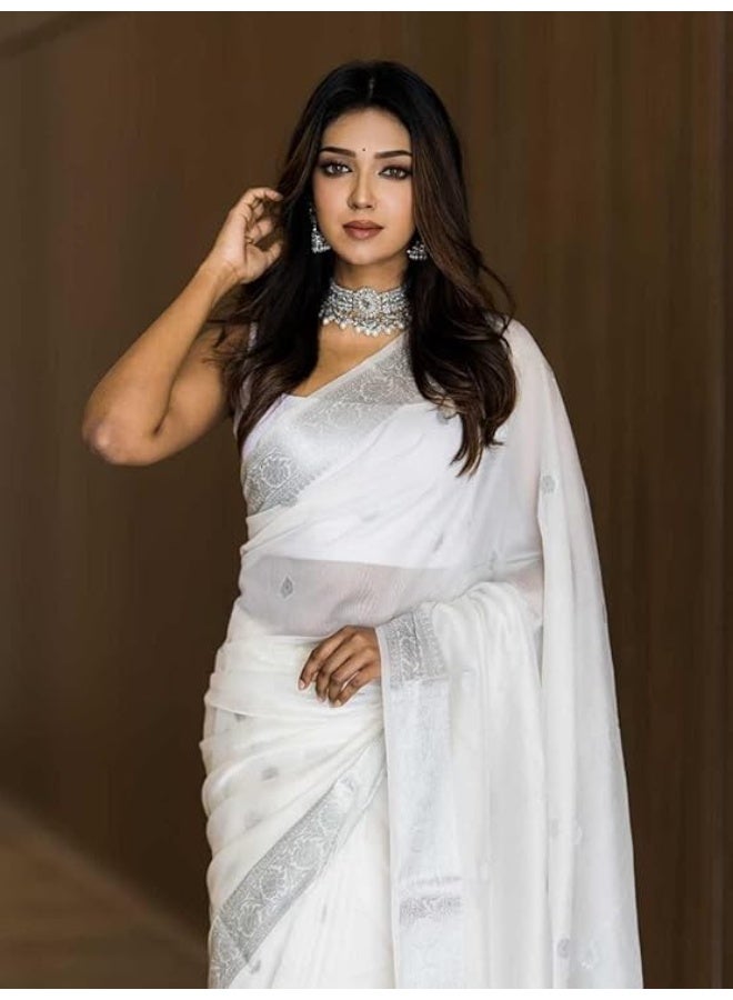 مملكة الإكسسوارات ساري حريري قطن كانجيفارام ناعم خالص للسيدات طراز باناراسي مع قطعة بلوزة لحفلات الزفاف (فاطمة-51) - Image 4