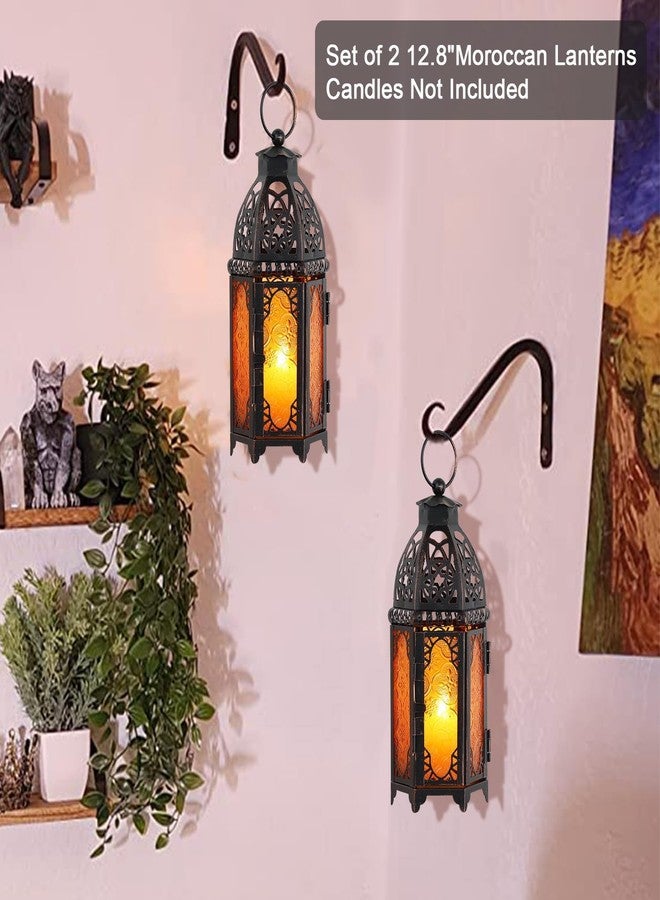 NEEDOMO Hanging Moroccan Lantern, 12.8'' Vintage Candle Holder, Metal Lanterns Decorative Indoor Outdoor, Table, Patio, Porch, Shelf, Dark Academia Gothic Home Decor (Amber) 2 Set - Image 3