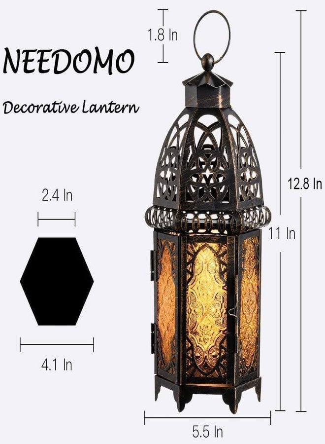 NEEDOMO Hanging Moroccan Lantern, 12.8'' Vintage Candle Holder, Metal Lanterns Decorative Indoor Outdoor, Table, Patio, Porch, Shelf, Dark Academia Gothic Home Decor (Amber) 2 Set - Image 2