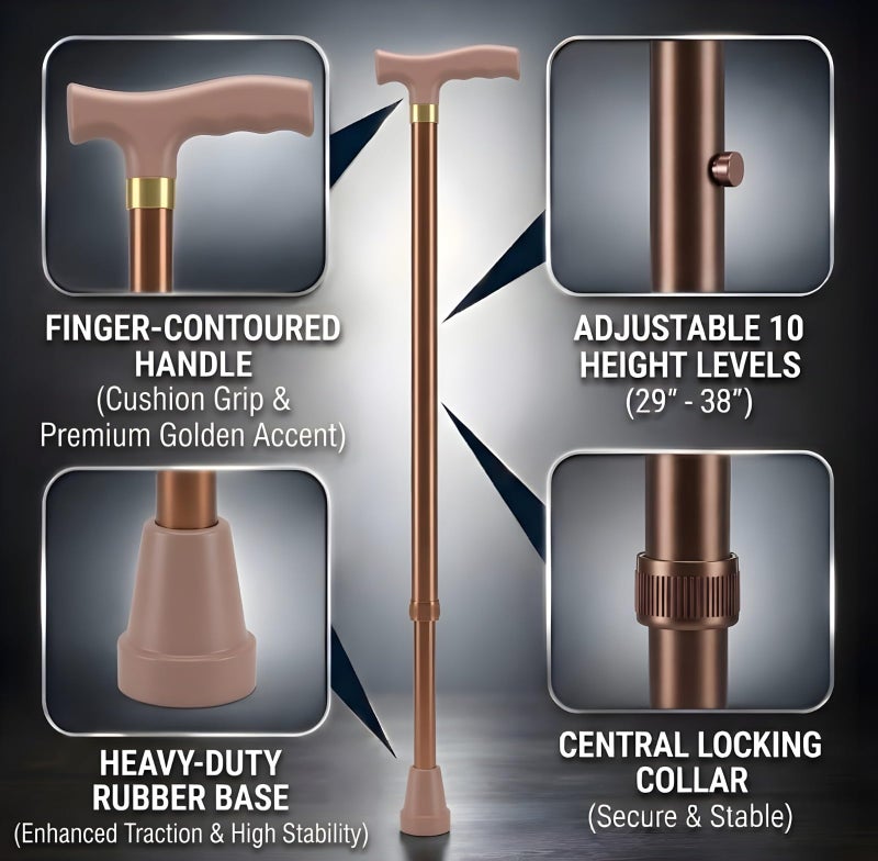 MCP Jindal Premium Height Adjustable Walking Stick Aluminium Cane Hand Stick Trekking Support Stick for Men, Women & Old People (Brown) - Image 2