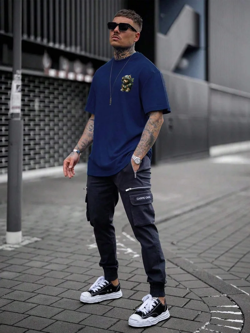 دوغ فش Teddy Printed Oversize Navy Blue Men's T-Shirt