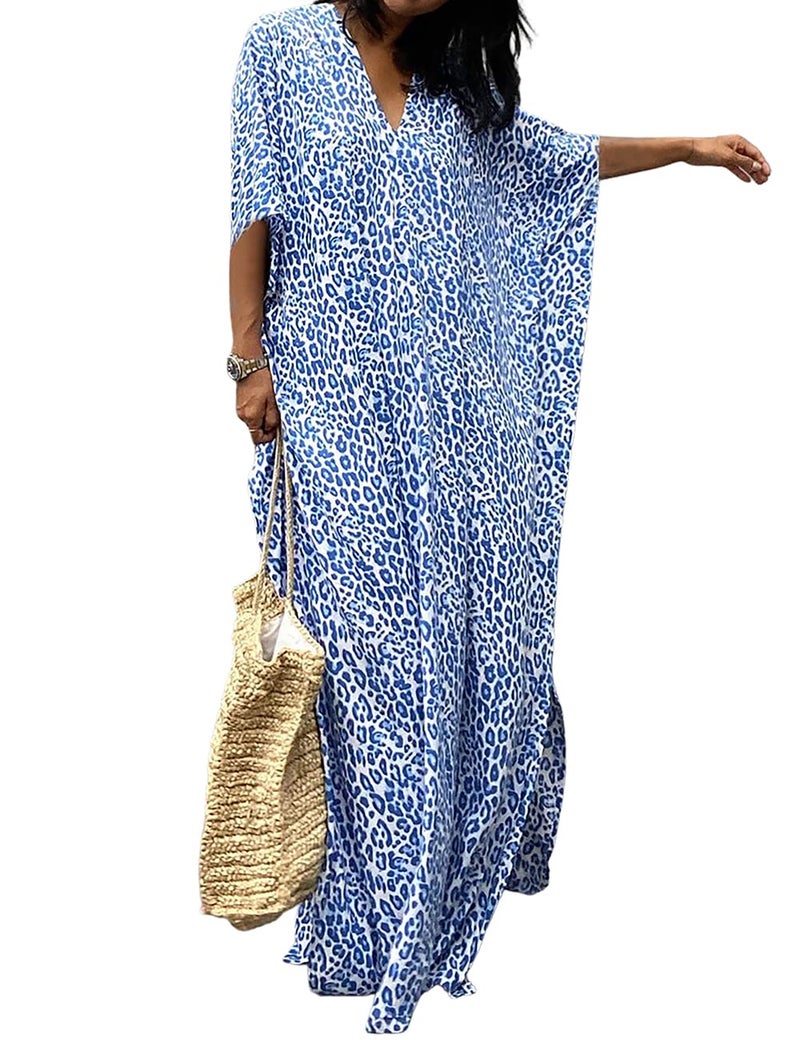 Bsubseach Beach Kaftan Dresses Cheetah Long Rayon Caftan Swim Cover Up Muumuu Animal Dress Oversized Coverups Swimwear Blue Leopard - Image 1