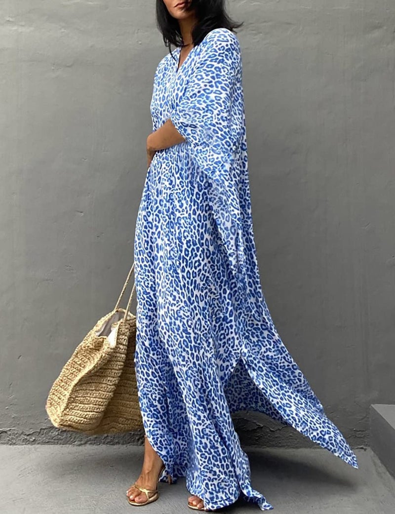 Bsubseach Beach Kaftan Dresses Cheetah Long Rayon Caftan Swim Cover Up Muumuu Animal Dress Oversized Coverups Swimwear Blue Leopard - Image 5