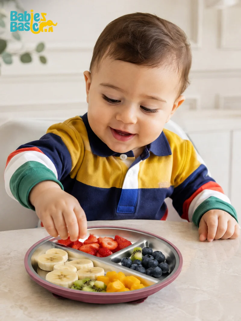 Babies Basic Babies Basic Stainless Steel plate with suction for Kids, Dusty Pink