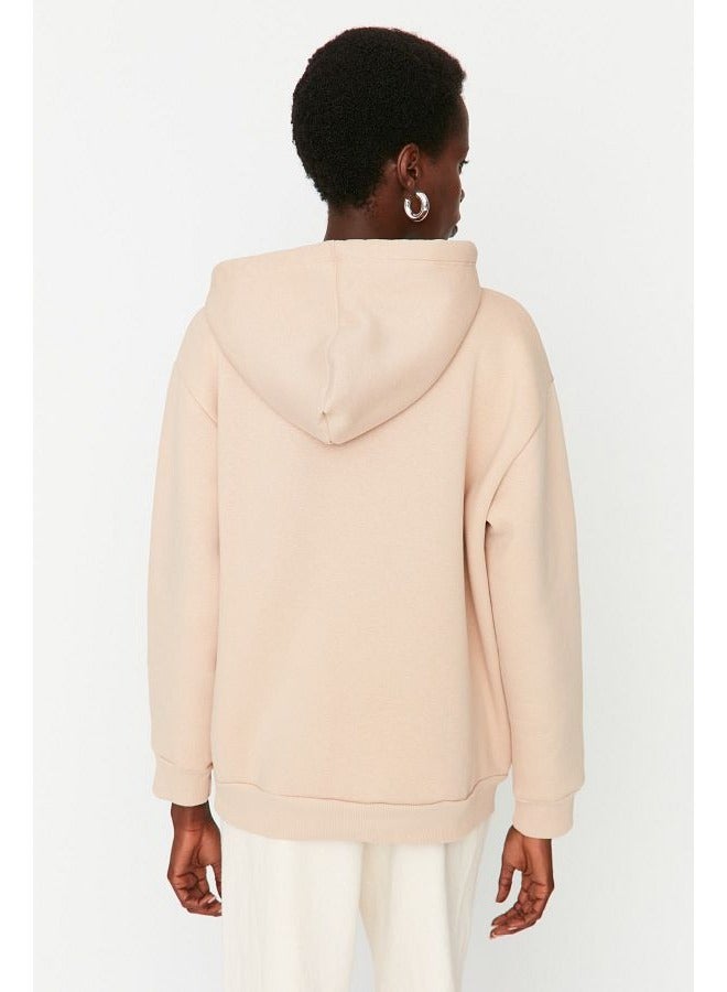 trendyol Beige Fleece Kangaroo Pocket Hooded Boyfriend/Wide Knitted Sweatshirt TWOAW20SW0525  - Image 2