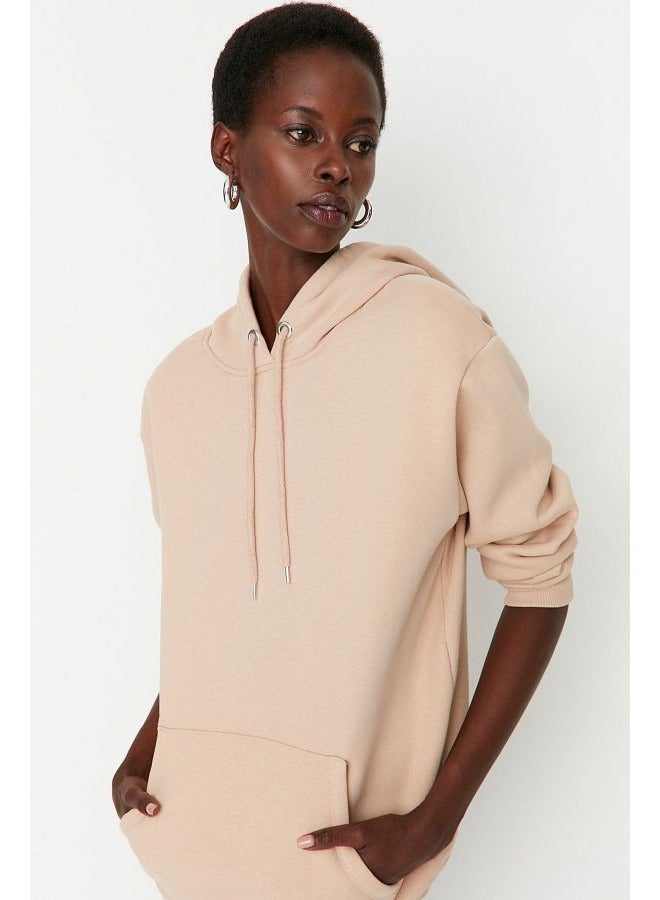 trendyol Beige Fleece Kangaroo Pocket Hooded Boyfriend/Wide Knitted Sweatshirt TWOAW20SW0525  - Image 3