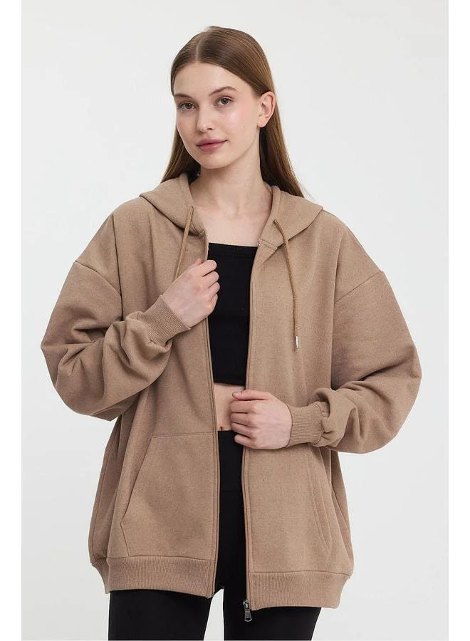 Mmetalic  Taupe Oversized Women’s Hooded Sweatshirt with Kangaroo Pocket, Zipper, and Cotton Lining. for Women | Best Price UAE
