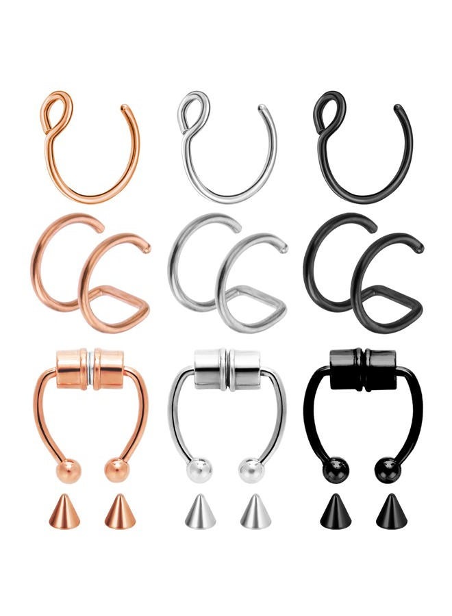 Yolev 9Pcs Fake Nose Rings Septum Piercings Stainless Steel Nose Ring Double Hoop Nose Ring Fake Septum Ring Faux Nose Rings for Women Fake, Stainless Steel, goldstone - Image 1