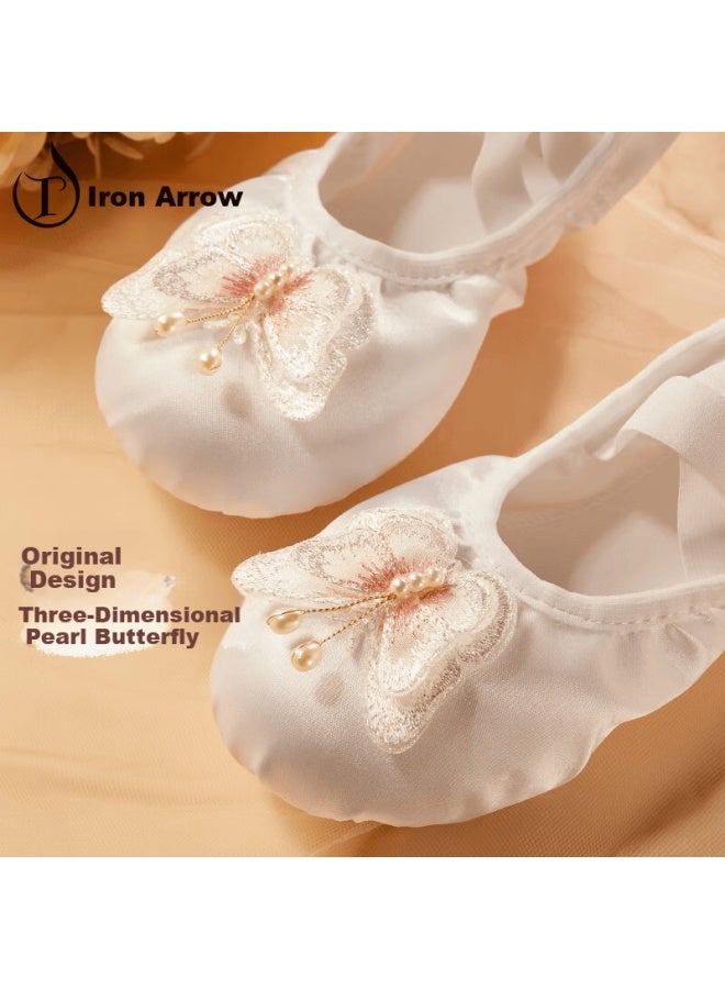 Iron Arrow Children's Slip-on Satin Butterfly Ballet Dance Shoes Girls Chinese Dance Practice White Size 30