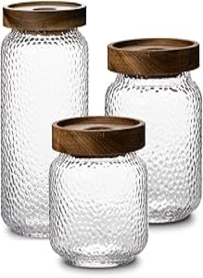 Storage Jar Set by NUTRIUPS Glass Jar Containers for Kitchen Airtight Food Storage Jar with Wood Lid for Serving Tea, Coffee, Spice and More