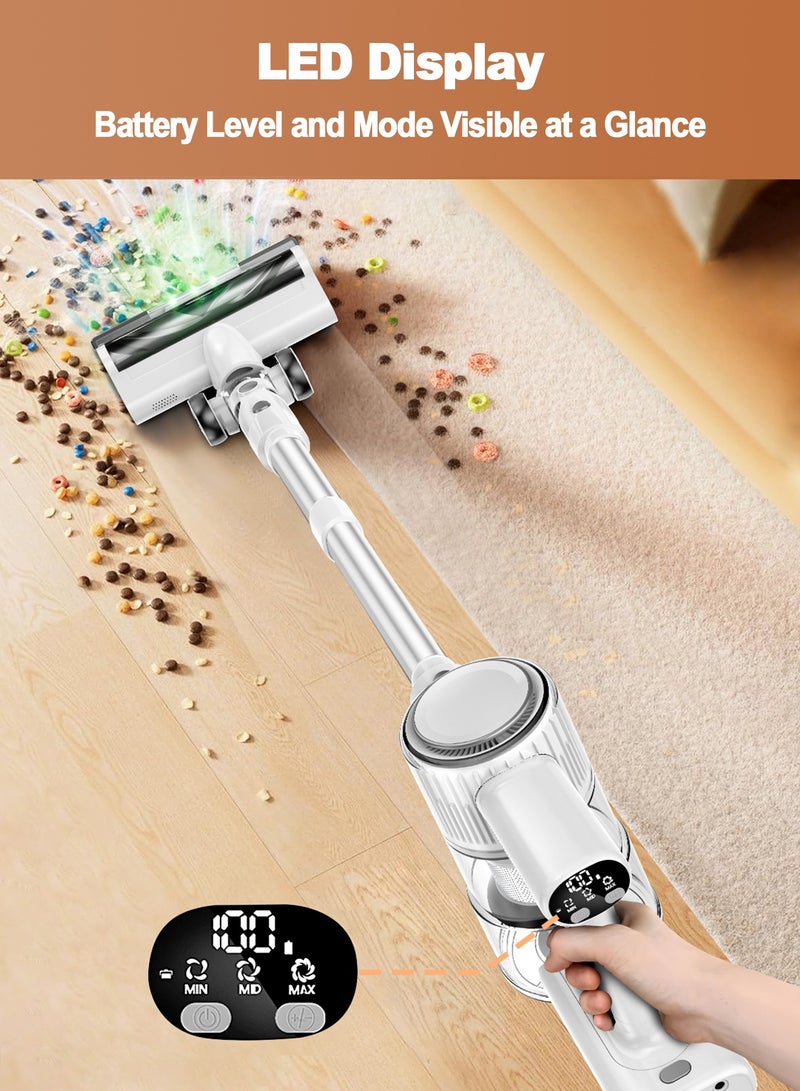 Chillspace Cordless Vacuum Cleaner, 8 in 1 Stick Vacuum with 46Kpa Powerful Suction, 45Mins Runtime Detachable Battery, Green LED Light, Anti-Tangle Brush, Lightweight Rechargeable Vacuum Cleaner for Home, Hardwood Floors, Carpets, Pet Hair,White - Image 3