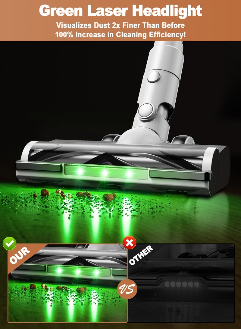 Chillspace Cordless Vacuum Cleaner, 8 in 1 Stick Vacuum with 46Kpa Powerful Suction, 45Mins Runtime Detachable Battery, Green LED Light, Anti-Tangle Brush, Lightweight Rechargeable Vacuum Cleaner for Home, Hardwood Floors, Carpets, Pet Hair,White - Image 4