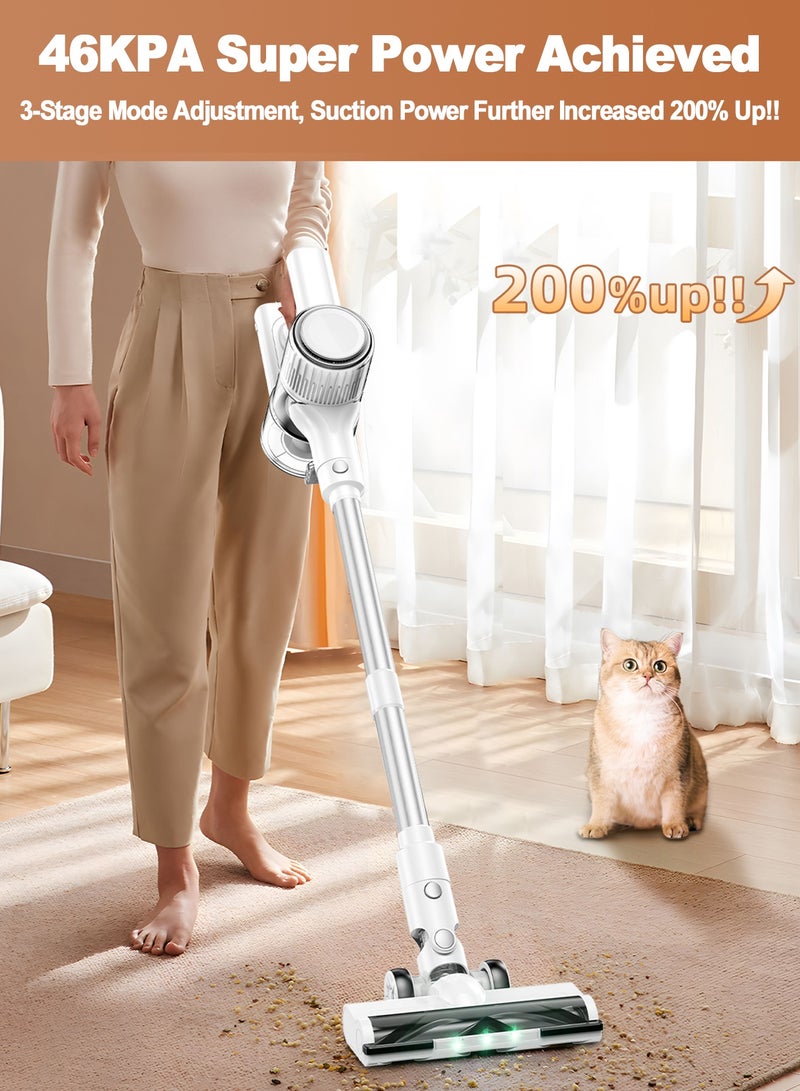 Chillspace Cordless Vacuum Cleaner, 8 in 1 Stick Vacuum with 46Kpa Powerful Suction, 45Mins Runtime Detachable Battery, Green LED Light, Anti-Tangle Brush, Lightweight Rechargeable Vacuum Cleaner for Home, Hardwood Floors, Carpets, Pet Hair,White - Image 2