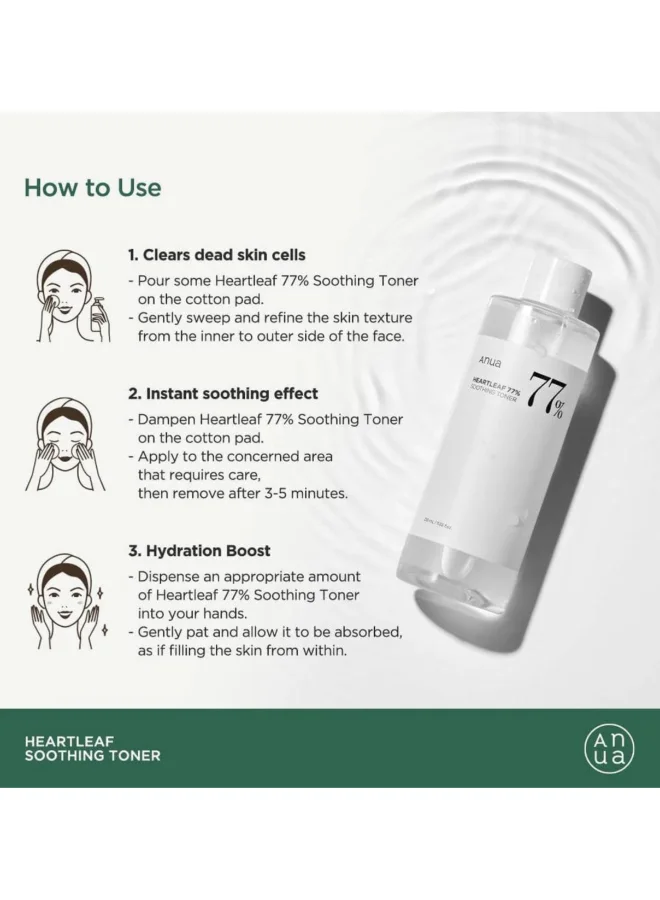 Anua Heartleaf 77% Soothing Toner, pH 5.5 Trouble Care, Calming Skin, Refreshing, Hydrating, Purifying, Cruelty Free, Vegan, 250 Ml