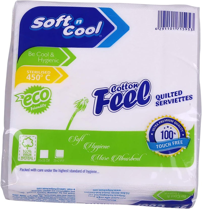 Cotton Feel Paper Napkins, 33x33cm, White, 2-Ply | Disposable Dinner Napkins, 25-Pieces