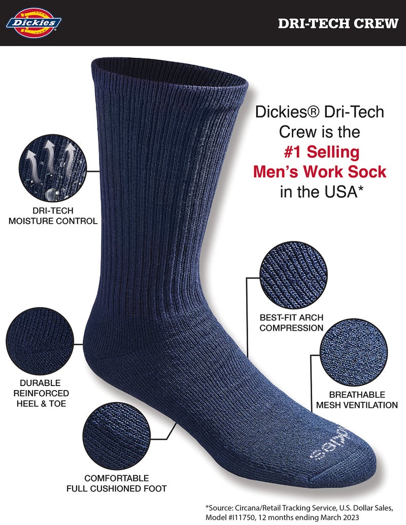 Dickies Men's Dri-Tech Essential Moisture Control Crew Socks Multipack, Solid Navy (12 Pairs), Large - Image 2