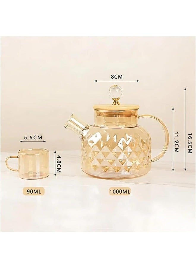 7-Piece Set of 1L Teapot, 6 100ml Cups, and Wooden Cup Holder with Crystal Engraved Design - Honey - Image 3