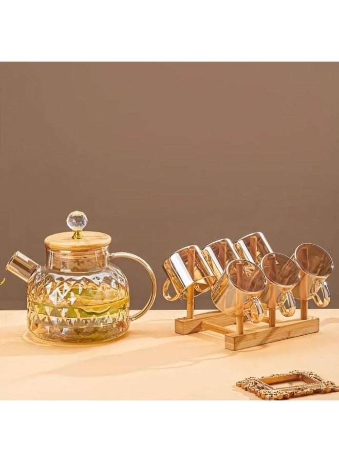 7-Piece Set of 1L Teapot, 6 100ml Cups, and Wooden Cup Holder with Crystal Engraved Design - Honey - Image 5