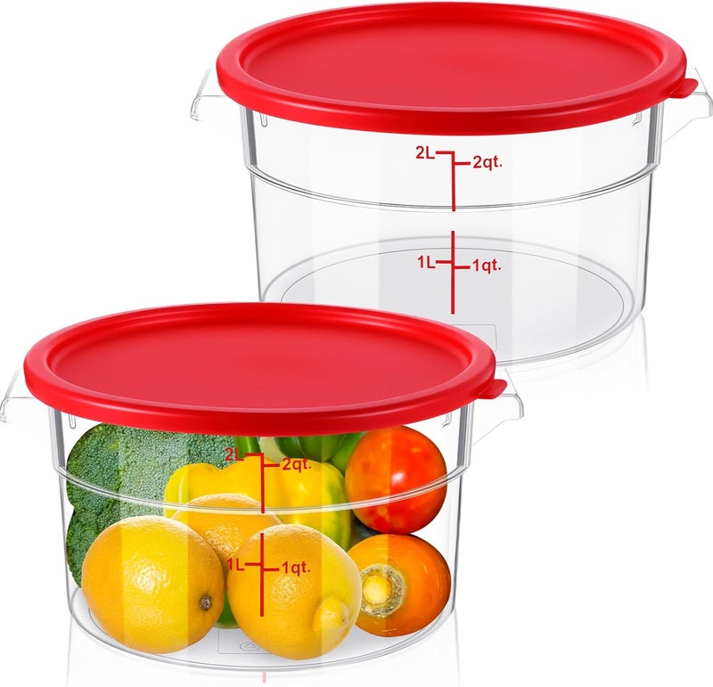 Ziliny 2 Pcs Round Food Storage Container with Lid 2 Qt Dough Bucket Clear Translucent Containers with Scale (Red) - Image 1