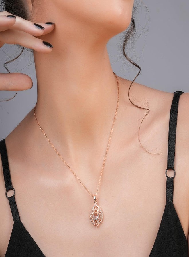 STYOLLO RoseGold Pendant Necklace American Diamond Jewellery Set For Women & Girls with Round Crystal Cubic Zirconias | Girls' Chains & Necklaces | Women's Pendants Neck Accessory-(Rose-White) - Image 2