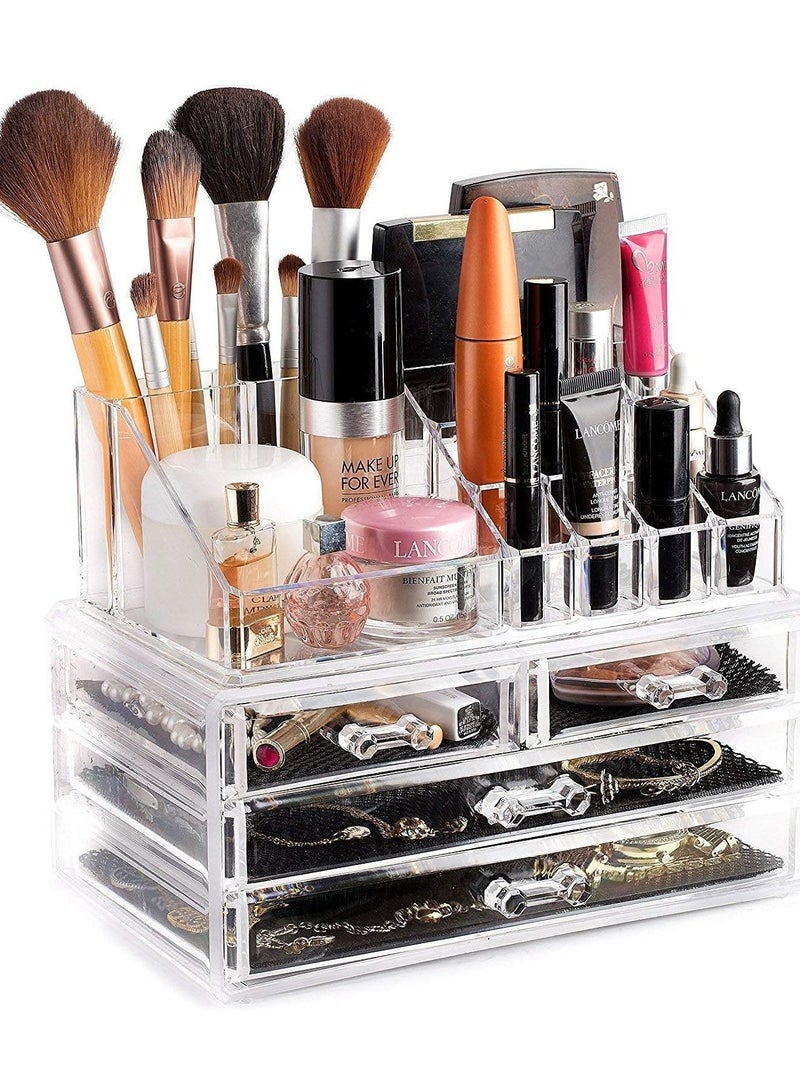 ORiTi VIO 4 Drawer & 16 Compartment Acrylic Cosmetics Makeup Organizer Box Jewelry Stand. Luxury Countertop Open Storage Bathroom Vanity Decorative Dresser Tray for Cosmetics Lipstick Skincare - Image 1